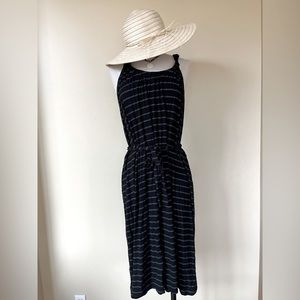 Long knit sundress with removable waist tie in black/gray stripes.